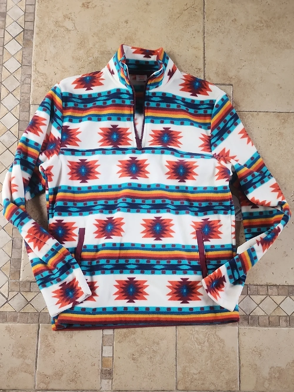 Boys Quarter-Zip Pullover Sweater in White with Turquoise & Red Aztec Print